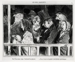 Goda parisare: Parisare väntar på nöjen, två timmar i kö utanför någon sorts teater. Illustration av Honoré Daumier (1808-1879), publicerad i "Le Charivari", daterad 5 mars