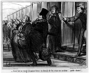 Att ha gjort en järnväg på 15 mil, och inte en olycka... vilken chans!... : ur "Actualites", serien av teckningar om järnvägar av Honore Daumier (1808-1879). "Charivari"