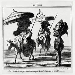 Dessa roliga krigare tänker bara på att slåss mot solen. I serien En Chine, illustration av Honore Daumier (1808-1879), publicerad i Charivari den 8 januari.