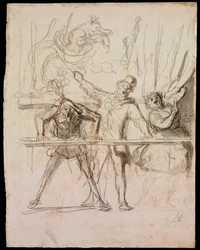La Parade - The Side-Show - Daumier, Honore (1808-1879) - 1865 - Svart krita, akvarell på papper - 39,8x30,4 - Szepmuveszeti Muzeum, Budapest