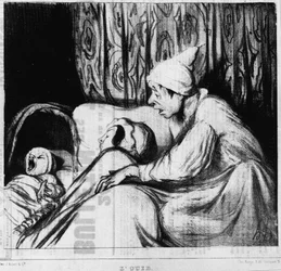 Hörsel: serie om de fem sinnena, av Honore Daumier (1808-1879). ""Charivari""