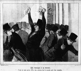 Panik på börsen. Det var förgäves som aktier erbjöds, alla tog ifrån dem: från "" Actualites", en serie tecknade serier på Honore Daumier-börsen (1808-1879). Charivari