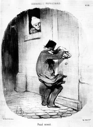 Passerade midnatt. man som återvänder sent till hyresgästen, från "" Tenants et Owners", tecknad serie av Honore Daumier (1808-1879). “Charivari”