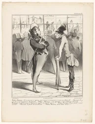 Robert-Macaire i samtal med Bertrand för fönstret i ett tryckeri Caricaturana (serietitel på objekt)