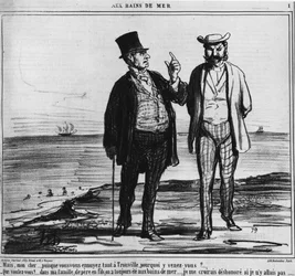 Havsbad: Parisare på en strand i Trouville med tyngden av traditioner och familjevanor - av Honore Daumier, i "" Charivari"" från 1859-08-25