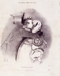 Serien "" The Beautiful Days of Life"": Möte av landet..."". Gravyr av Honore DAUMIER (1808-1879). Utdrag ur tidningen "" Le Charivari"" den 8 september