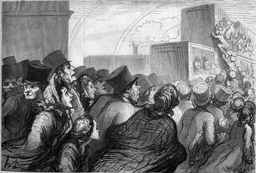 Söndagsresenärer. Tecknad av Honore Daumier (1808-1879). Gravyr i "" Le Monde Illustré"" nr 264 av 3 maj 1862.