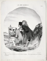 The Good Bourgeois, tavla 23: "Men ja, min kära, jag försäkrar dig att denna herre ritar ett landskap...är det inte så, sir, att du ritar ett landskap?" (Les bons bourgeios, planche 23: Mais si, ma femme...monsieur dessine un paysage..)