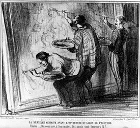 Sista veckan före öppnandet av Salon de Peinture. Choughtness -Från mod till arbete, vännerna finns alltid där!.... , hämtat från "Målningar och salonger", tecknad serie av Honore Daumier (1808-1879). "Charivari"