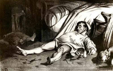 Massakern på Rue Transnonain den 14/04/1834: militären massakrerar invånarna i byggnaden på Rue Transnonain 12 i Paris och återtar den efter att en av deras officerare har dödats - Litografi av Honoré Daumier (1808-1879), 1837. Privat samling