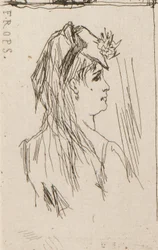 a. Head of an Old Man av Daumier (överst till vänster); b. Chez Charles Beriot av Taiee (överst i mitten); c. Chef för en ung kvinna av Rops (överst till höger); d. Flodlandskap vid Harpignies (nederst i mitten); e. Profil av en ung kvinna