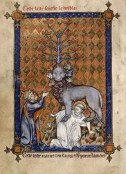 Lägg till. 54180, f.14v The Beast of the Apocalypse, trampar ett helgon och tillbeds av en knästående hycklare, illustration från 