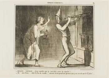 "- Adelaide, Adelaide... Jag tror att jag kan se kometen komma!!! ... - Åh min Gud ... det här är slutet på världen.... hur irriterande. De lovade att den inte skulle komma förrän den 13 juni!", platta 31 från Croquis Parisiens