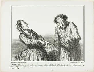 "- Ah, Théophile, vilka hemska saker jag läser om dig. Enligt Desbarolles bok kan jag säga att du har en libertiners linjer i din handflata!... - Nåja...", plansch 1 ur Ces Bons Parisiens