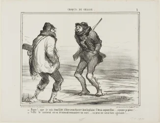 "- Brrrr! Jag är rasande att jag kom hit för att jaga i St. Denis-Plain. Det är bara för kallt! ... - En av de dagar då du skulle älska att fånga en björn. Hans päls skulle vara mer än välkommen just nu!"," plansch 3 från Croquis De Chasse
