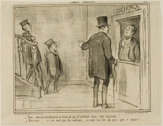 "- Men ni sa att barn inte är tillåtna i det här huset... - Sir, det här är inga barn... det är ägarens söner!...", plansch 23 från Croquis Parisiens, - par Daumier