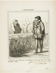 ”Hallå, granne, är ni som jag? Jag börjar tro att vi skulle göra klokt i att återvända till Paris”, plansch 1 ur La Campagne en Hiver