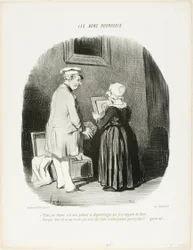 "- Här, min fru, är mitt daguerreotypiporträtt som jag tog med mig till dig från Paris... - Varför lät du inte göra mitt när du var där ... försvinn, din egoist!", plansch 28 från Les Bons Bourgeois