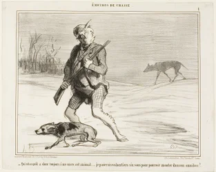 "- Jag undrar varför det här odjuret följer efter mig hela tiden... Jag betalar gärna 6 sous för att hoppa på en buss", plansch 1 från Émotions De Chasse
