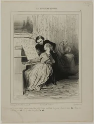 ”- Om du bara visste hur vacker du är!... Låtsas att du spelar! - Sluta med det.. DO - Du älskar mig inte!...SO - Jag kommer alltid att vara din. ... MI”, plansch 6 ur Les Musiciens de Paris