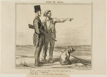 "- Hör på... Jag såg en hare där borta... - Var det länge sedan - Inte alls... det var mindre än tre månader sedan...", plansch 2 från Croquis De Chasse