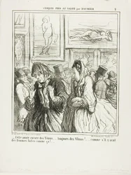 "- Ännu fler Venuser i år... alltid Venuser!... som om det fanns några kvinnor som var byggda så!", plansch 2 från Croquis Pris Au Salon par Daumier