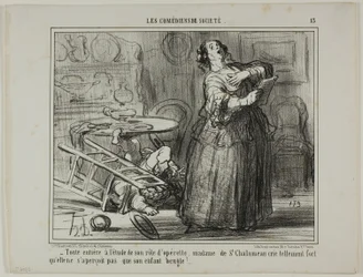 - Madame de St Chalumeau är tagen av sin operettroll och skriker så högt att hon inte märker att hennes barn skriker, plansch 13 från Les Comédiens De Société