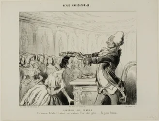 Kvinnornas akademi. En ny Richelieu, grundare av en ny akademi av ett annat slag.... av kvinnligt kön, plansch 33 från Revue Caricatureale