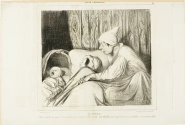 Känslan av att höra. "- Vakna Nini! .... Jag har ringt henne i mer än en timme, och hon svarar alltid: ja Adolphe. Men varken barnets namn eller mitt är Adolphe!", plansch 41 från Types Parisiens