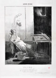 Konstverk av Honore Daumier (1808-1879) Charivari härstammar från 1842: Serie HISTORIE ANCIE Les Nuits de Penelope “” Från hennes frånvarande förtjusande profil lyste Forever med sina söta ögon som en stjärna Syfte att väva tre år och hennes list och hans 