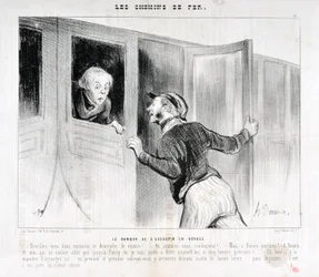 Konstverk av Honore Daumier (1808-1879). Charivari är från 1843: Serie LES RAILWAYS Faran att somna på en resa "" -Vakna upp Sir och gå av bilen! - Vart kör vi? - Men Rouen parbleu! – I Rouen och jag som bara ville åka till Poiss