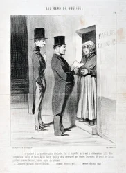 Konstverk av Honore Daumier (1808-1879). Charivari härstammar från 1845: Serie LES PEANS DE JUSTICE “” -... och talade vid hans dörröppning så förklarat, har betytt för honom att han var tvungen att lyda nämnda summering, annars och underlåta att göra så a