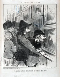 Konstverk av Honore Daumier (1808-1879). Charivari är från 1852: Serie LE PUBLIC DU SALON - "" Konstnärer undersöker målningen av en rival"" MUSEE DES BEAUX ARTS - PALAIS LONGCHAMP, MARSEILLE