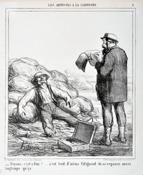 Konstverk av Honore Daumier (1808-1879). Charivari är från 1865: Serie LES ARTISTS IN THE CAMPAGNE “” - Låt oss se, är det över?... Det är fortfarande tröttsamt att vila så länge det...” MUSEET FÖR FINA KONST - PALACE LONGCHAMP, MARSEILLE