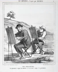 Konstverk av Honore Daumier (1808-1879). Charivari är från 1865: Serie LES ARTISTS Les paysagistes. "Den första kopierar naturen, den andra kopierar den första"" MUSEET FÖR SKÖNHETSKONST - PALAIS LONGCHAMP, MARSEILLE