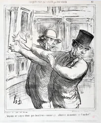 Konstverk av Honore Daumier (1808-1879). Charivari är från 1865: Serie Sketches Tagen at the Salon “” -Låt oss inte vara borgerliga så här... beundra åtminstone denna Courbet! "" MUSEET FÖR FINA KONST - PALACE LONGCHAMP, MARSEILLE