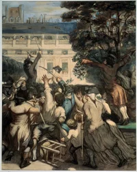 ""Camille Desmoulins (1760-1794) harangues the patriots in the gardens of the Royal Palace"" Första scenen av den franska revolutionen i Paris: den 07/12/1789, efter avskedandet av Jacques Necker av kungen, har Camille Desmoulins haranger. publiken på Kung