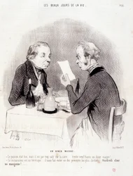 Tecknad film om kära liv. Serien "" The Beautiful Days of Life"": En mager middag..." Gravyr av Honore DAUMIER (1808-1879). Utdrag ur tidningen "" Le Charivari"" den 18 oktober
