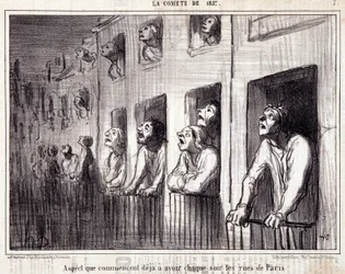 Tecknad film om vetenskap. Serie Sur “” la Comete de 1857””: “” Aspekt som redan börjar ha varje natt på Paris gator””. Gravyr av Honore DAUMIER (1808-1879). Utdrag ur tidningen "" Le Charivari"". Mått 38x25cm. Inv D - box 7 Marseille,