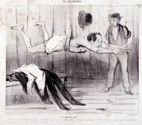 Tecknad film om turister på semester. Serien "" Les Baigneurs"": "" La lecon a dry""". Serien "" Les Baigneurs"": "" La lecon a dry""". Gravyr av Honore DAUMIER (1808-1879). Utdrag ur tidningen "" Le Charivari"". Dim 25x36cm box 12 Marseille, Musee