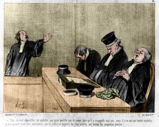 Tecknad av Daumier: Serie "" Les Gens de justice"" publicerad i "" Charivari"" av 1845-08-15. En advokat vädjar i domstolen och sover.