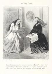 Vad! Ännu en karikatyr om oss i Charivari i morse! ... Åh! På mitt liv! Jag hoppas verkligen att detta denna gång är den sista! ... Och om den där Daumier någonsin faller i mina händer, ska han få betala dyrt för att ha vågat sticka blå strumpor