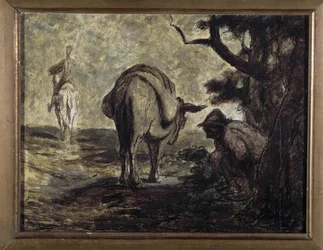 Don Quijote och Sancho Panza. Illustration från romanen av Miguel Cervantes Don Quixote de la Mancha (Den geniala Hidalgo Don Quixote de la Mancha). Målning av Honore Daumier (1808-1879). Olja på duk. Sol. 24x31 Musee des Beaux Arts, Palais Longchamp