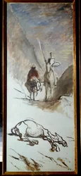 Don Quijote och den döda mulen Illustration från romanen av Miguel Cervantes "Don Quixote de la Mancha" (Den geniala Hidalgo Don Quixote de la Mancha). Målning av Honore Daumier (1808-1879). 1800-talets sön. 1,32x0,54m.