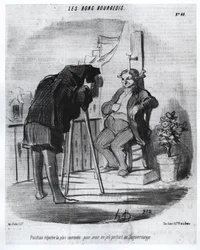 Les Bons Bourgeois - Den mest bekväma positionen för att ha ett fint porträtt i daguerreotypi, karikatyr av Daumier - i "" Charivari"" av 24/07/1847.