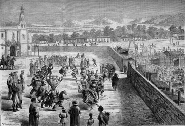Mexikansk sed: Indisk fest och dans i Santa Anna (Mexiko) till minne av erövringen av Fernando Cortez. Mexikanerna äcklades som spanska conquistadorer och soldater från den aztekiska armén i Montezuma. 1863. Gravyr i "" Le Monde Illustré"" n°315 av