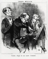 Musikaliska sketcher: obligatoriska förspel till alla amatörkonserter. Tre musiker strävar efter att lysa upp sina röster, stämma en fiol och blåsa näsan med prålig. Illustration d