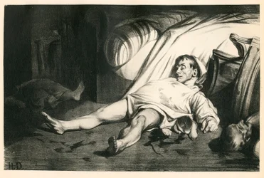 Etthundratjugo litografier av H. Daumier, Satirique i N & B, cirka 1834: Massacre de la rue Transnonain (Paris) - Republikan, döda lik, förtryck - Illustration av Honore Daumier (1808-1879)