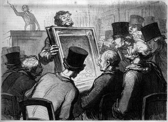 Målande älskare på Hotel Bouillon. Tecknad serie av Honore Daumier (1808-1879). Gravyr i "Le Monde Illustré" nr 250 den 25 januari