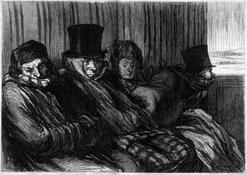 Nöjetåg: 10 grader av tristess och dåligt humör. Tecknad av Honore Daumier (1808-1879). Gravyr i "" Le Monde Illustré"" nr 249 den 18 januari